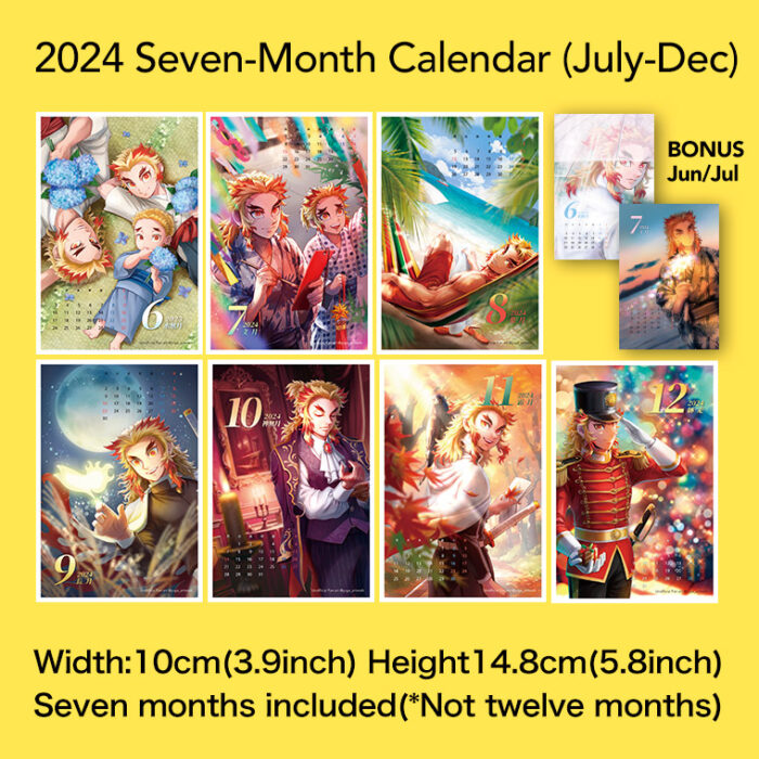 2024 Seven month Calendar Jun-Dec with different art calendar of Jun/Jul double sided